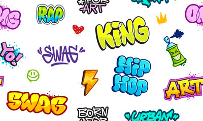 Colorful Street Art with Graffiti words on fashion seamles patern - editable vector template for print fabric and street wear apparel design	