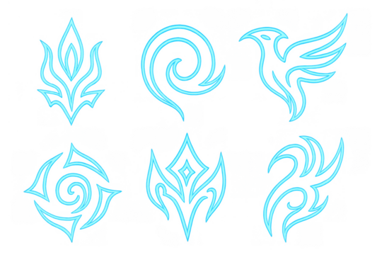 Abstract glowing blue neon line art symbols representing various elements, magic, and fantasy concepts on a transparent background