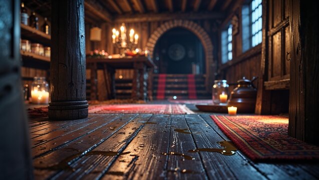 close-up 3d render of a medieval tavern wooden floor with old rugs, scratches and candle wax marks. detailed rustic fantasy texture with warm lighting. no people.