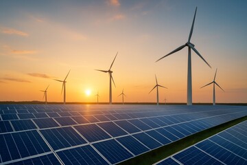 Solar panels and tall wind turbines in open field catch sunset light. Concept of clean power, sustainability, future tech. For energy article