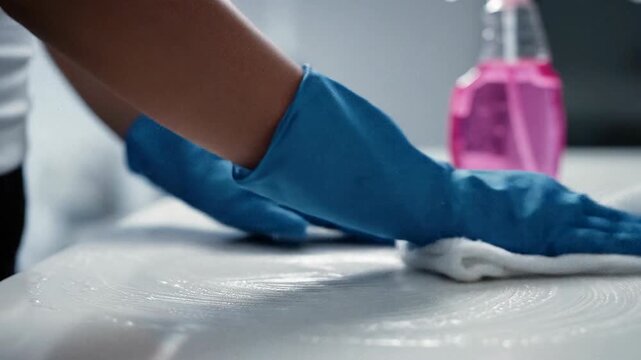 Person in blue gloves cleaning a white surface with a cloth and spray bottle.