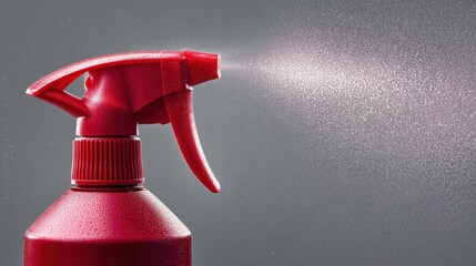 Red trigger spray bottle atomizing liquid with droplets on plastic — product action shot