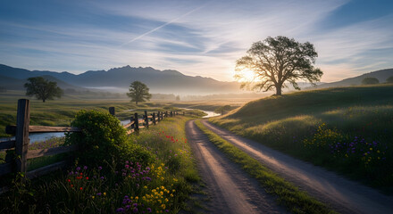 Sunrise over scenic country road with trees, flowers, and mountains