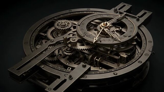 Close-up demonstration video of a complex mechanical astrolabe on black background, showcasing