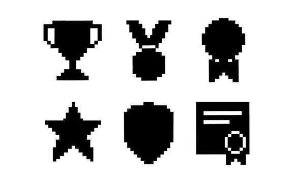 Pixel art achievement icons: trophy, medal, badge, star, shield, certificate