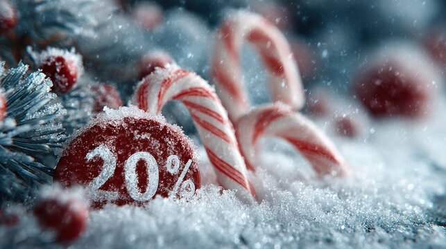 Snowy background with candy canes, fir branches and glowing "-20%" frozen inside an ice crystal, bright and crisp winter feeling