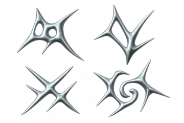 Growing abstract chrome metal shards and spikes creating futuristic sci fi tribal organic shapes on transparent background