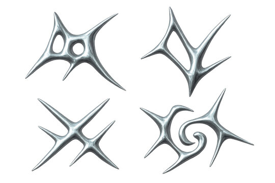 Growing abstract chrome metal shards and spikes creating futuristic sci fi tribal organic shapes on transparent background