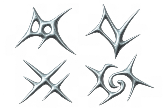 Growing abstract chrome metal shards and spikes creating futuristic sci fi tribal organic shapes on transparent background