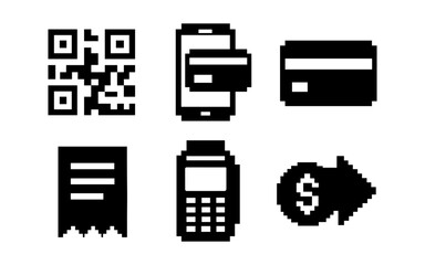 Pixel art icons: digital payment systems and transaction elements
