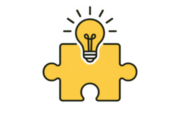 Problem-solving concept with a jigsaw puzzle piece and glowing light bulb representing an idea or solution