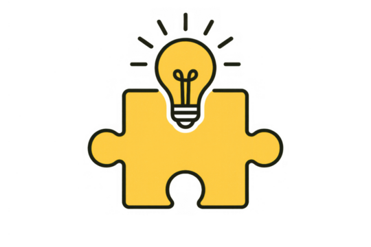 Problem-solving concept with a jigsaw puzzle piece and glowing light bulb representing an idea or solution