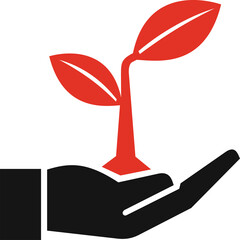 Black Hand Silhouette Holding Red Plant Sprout With Two Leaves On Transparent Background Growth Concept