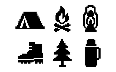 Fototapeta premium Pixel art camping icons: tent, campfire, lantern, hiking boot, tree, thermos