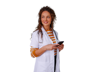 Woman doctor holding a smartphone, looking away with a slight smile, representing telehealth and medical innovation. Transparent background