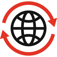 Black Globe Symbol Surrounded by Red Circular Arrows Representing Global Network and Connectivity on a Transparent Background