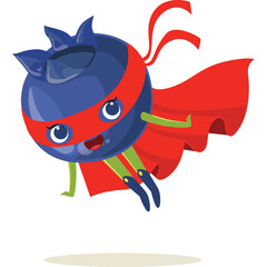 Blueberry Superhero Flying with Red Cape and Mask for Healthy Food Concept
