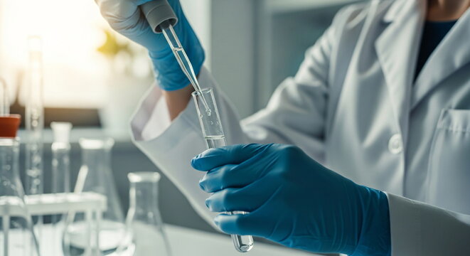 A female scientist wearing gloves and a lab coat drops a clear liquid into a test tube with a pipette. Concept for medical research and pharmaceutical industry development for healthcare. - Powered by Adobe