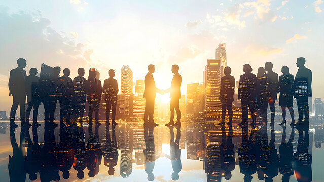 朝日夕日の中の都市オフィスで交渉と握手を交わす多様なビジネスパートナーがきらきら輝き希望と成功を感じる瞬間