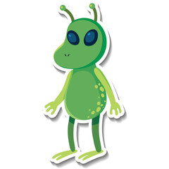 Cute cartoon green alien with large blue eyes and antennae standing against a white background with a subtle shadow