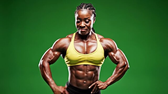 Muscular female athlete in yellow top arms crossed powerful physique on green background