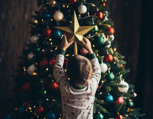 Child Placing a Star on the Christmas Tree in a Festive Cozy Home