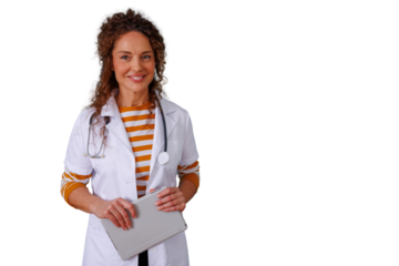 Female doctor or healthcare professional holding a tablet computer, smiling and looking at camera