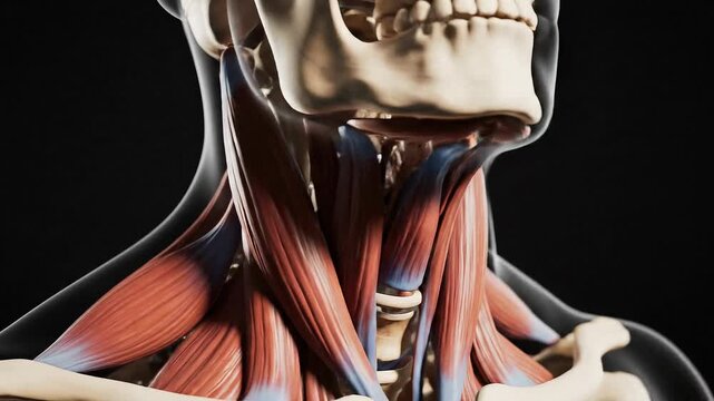 Detailed 3D rendering of human neck anatomy showing muscles and skeletal structure.