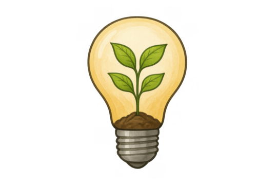 Lightbulb growing a plant, symbolizing green energy, eco-friendly ideas, sustainability, and environmental innovation on transparent background