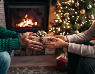 Obraz premium Intercambio de regalo de Navidad frente a la chimenea en un hogar acogedor