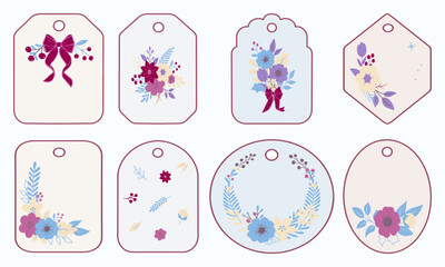 Cute winter floral gift tag design with blue and mulberry palette. Features soft blue and mulberry flowers with cozy seasonal vibes