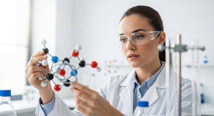Woman scientist in lab coat and safety glasses holding molecular model. Biochemistry research and medical education. Scientific innovation.
