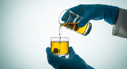 A man wearing blue gloves pours a brown-gold liquid from a glass into a test tube. A scientific experiment in a research and development lab.