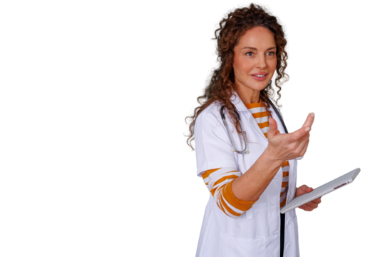 Female doctor holding digital tablet and discussing healthcare with transparent background