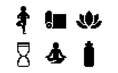 Pixel art yoga icons: meditation, fitness, and wellness symbols
