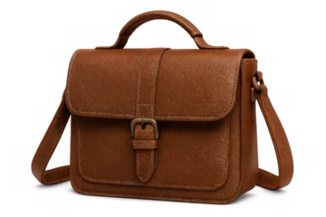 Brown leather satchel bag with cross-body strap. Classic women's fashion accessory. Transparent background cutout