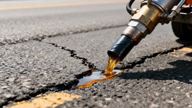 Medium shot of hot crack sealing process on asphalt pavement showing melted sealant being spread into narrow cracks with specialized equipment