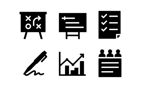 Business strategy icons: planning, graphs, and management in bold silhouette style
