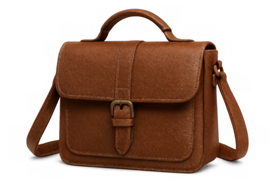 Brown leather satchel bag with cross-body strap. Classic women's fashion accessory. Transparent background cutout