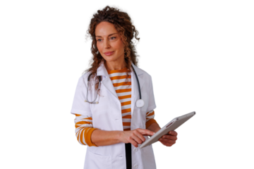 Female doctor working with a digital tablet, providing healthcare services, embracing modern medicine, transparent background