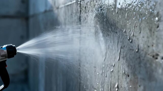 Medium shot of a sprayon waterproof coating being evenly misted over a concrete wall emphasizing quick and efficient moisture defense.
