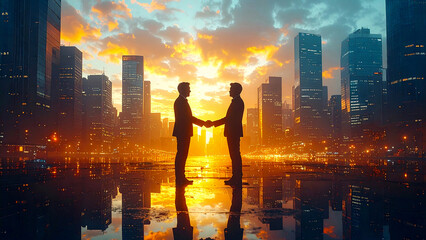 朝日夕日の中の都市オフィスで交渉と握手を交わす多様なビジネスパートナーがきらきら輝き希望と成功を感じる瞬間