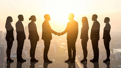 朝日夕日の中の都市オフィスで交渉と握手を交わす多様なビジネスパートナーがきらきら輝き希望と成功を感じる瞬間