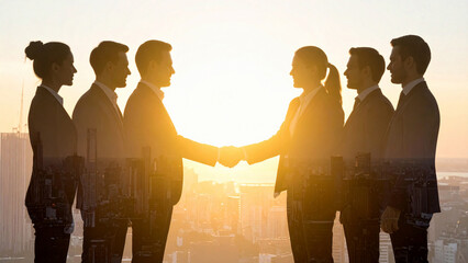 朝日夕日の中の都市オフィスで交渉と握手を交わす多様なビジネスパートナーがきらきら輝き希望と成功を感じる瞬間