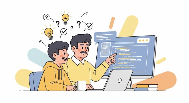 Mentor guiding young student in programming on computer and laptop