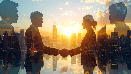 朝日夕日の中の都市オフィスで交渉と握手を交わす多様なビジネスパートナーがきらきら輝き希望と成功を感じる瞬間