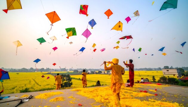 People flying colorful kites celebrating vasant panchami festival