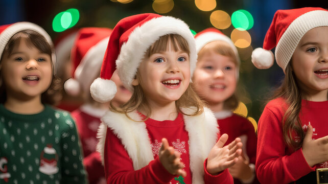 Joyful children wearing Santa hats clap enthusiastically during a festive Christmas celebration near a glowing tree