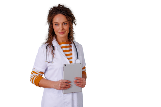 Female doctor wearing lab coat and stethoscope, holding tablet, smiling, transparent background - Powered by Adobe