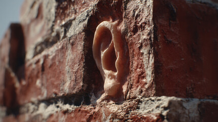 An ear emerging from a weathered brick wall, creating a surreal scene